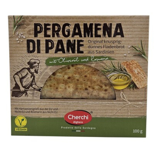 Pergamena di Pane Original knusprig dünnes Fladenbrot mit Olivenöl und Rosmarin 100g Pergamena di Pane Original knusprig dünnes Fladenbrot mit Olivenöl und Rosmarin 100g
