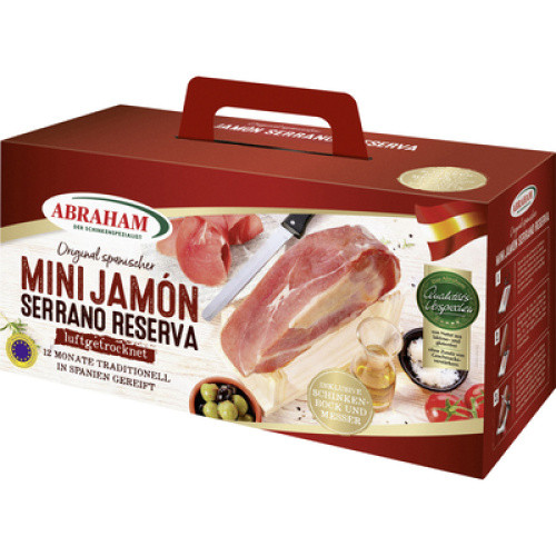 Mini Jamon Serrano Reserva mit Ständer und Messer g.t.S. 950g Mini Jamon Serrano Reserva mit Ständer und Messer g.t.S. 950g