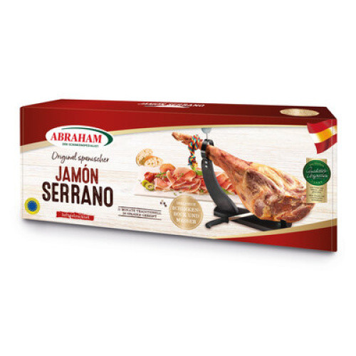 Abraham Jamón Serrano mit Bein, Bock und Messer ca. 6,5 kg Abraham Jamón Serrano mit Bein, Bock und Messer ca. 6,5 kg