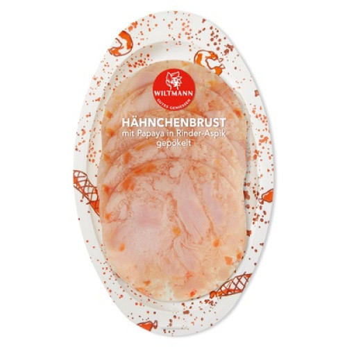 Hähnchenbrust mit Papaya in Aspik gepökelt frisch 50g Hähnchenbrust mit Papaya in Aspik gepökelt frisch 50g