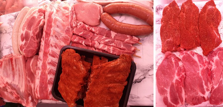 Metzgermeister Heift steht auf dem Wochenmarkt bereit Metzgermeister Heift steht auf dem Wochenmarkt bereit