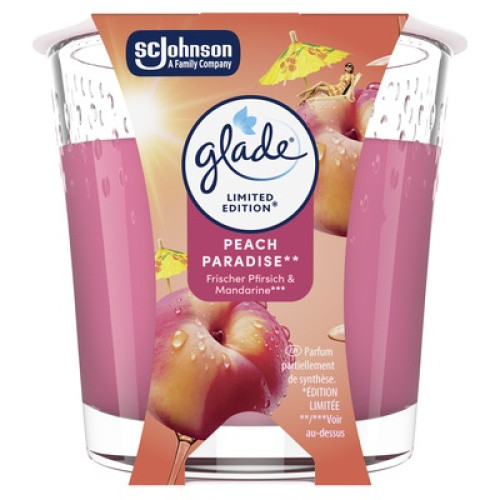 Glade Duftkerze Peach Paradise verleiht Wohnräumen mit ihrem fruchtigen Duft und warmem Kerzenlicht Glade Duftkerze Peach Paradise verleiht Wohnräumen mit ihrem fruchtigen Duft und warmem Kerzenlicht