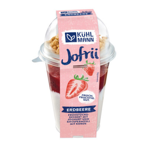 Joghurt mit Erdbeeren und Knuspermüsli mit Kokos frisch 285 g Joghurt mit Erdbeeren und Knuspermüsli mit Kokos frisch 285 g