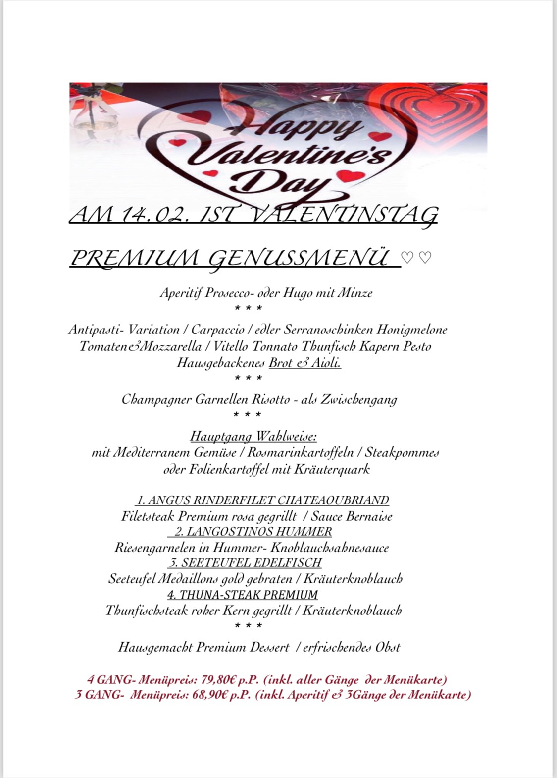Valentinstag-Speisekarte