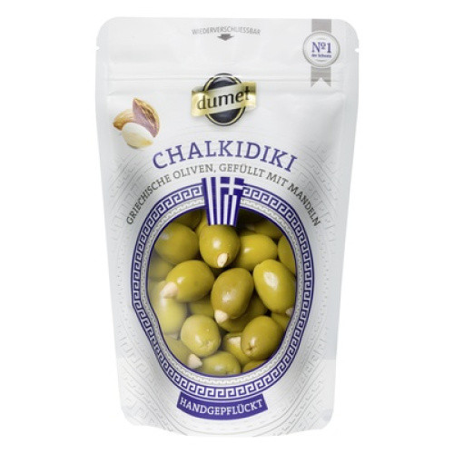 Dumet Chalki grüne Oliven geüllt mit Mandeln 150g Dumet Chalki grüne Oliven geüllt mit Mandeln 150g