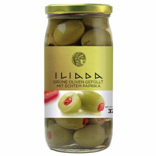 Iliada griechische Oliven grün gefüllt mit echtem Paprika 370ml Iliada griechische Oliven grün gefüllt mit echtem Paprika 370ml