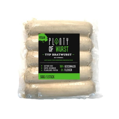Vegane Bratwurst mit Kümmel ´Planty of Wurst´ frisch 5x100g Vegane Bratwurst mit Kümmel ´Planty of Wurst´ frisch 5x100g