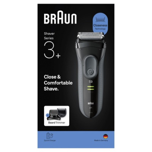 Der Braun Series 3+ Elektrorasierer sorgt mit 2 Scherfolien und zentralem Mitteltrimmer für eine grü Der Braun Series 3+ Elektrorasierer sorgt mit 2 Scherfolien und zentralem Mitteltrimmer für eine grü