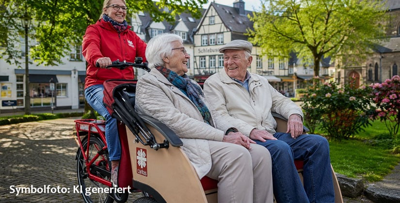 Caritas bringt ältere Menschen in Leverkusen mit der Fahrrad-Rikscha wieder hinaus ins Leben