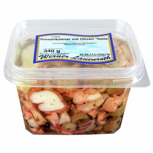 Riesenkalmar ´Italia´ mit Oliven frisch 340g Riesenkalmar ´Italia´ mit Oliven frisch 340g