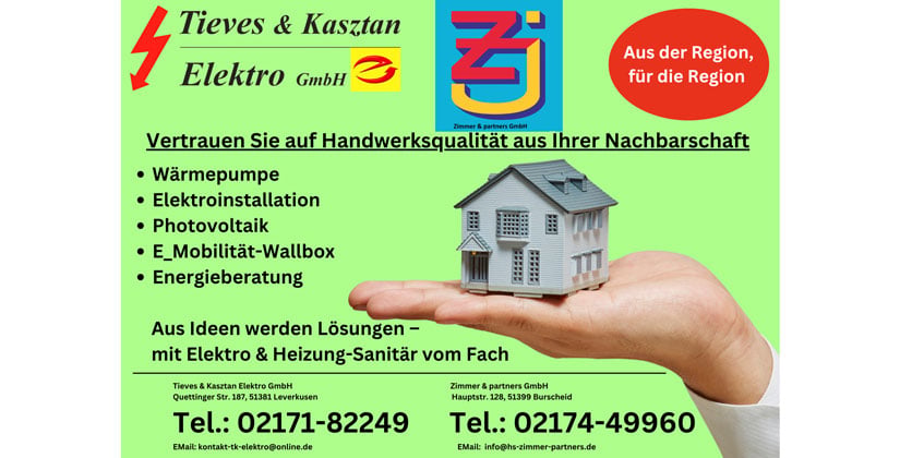 Tieves & Kasztan Elektro GmbH aus Leverkusen und Zimmer & partners GmbH aus Burscheid bilden eine energiegeladene Kooperation