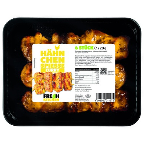 Hähnchenspieße mariniert gegart frisch 6x120g Hähnchenspieße mariniert gegart frisch 6x120g
