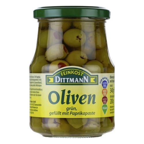 Oliven grün gefüllt mit Paprika-Paste 330g Oliven grün gefüllt mit Paprika-Paste 330g
