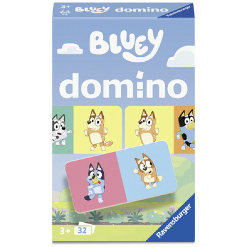 Bluey Domino, klassisches Legespiel für Kinder ab 3 Jahren. Karten werden abwechselnd an den beiden Bluey Domino, klassisches Legespiel für Kinder ab 3 Jahren. Karten werden abwechselnd an den beiden