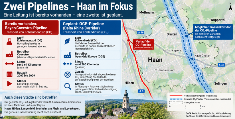 Eine neue CO₂-Leitung könnte auch durch Haaner Stadtgebiet führen. Ab 25. September können Bürger die Pläne einsehen und ihre Bedenken vorbringen