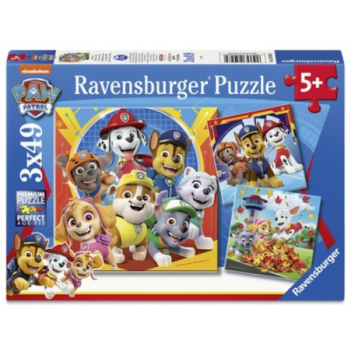 Das Ravensburger 3x49 Teile Puzzle PAW Patrol zeigt drei bunte Motive mit Chase, Marshall, Rubble, R Das Ravensburger 3x49 Teile Puzzle PAW Patrol zeigt drei bunte Motive mit Chase, Marshall, Rubble, R
