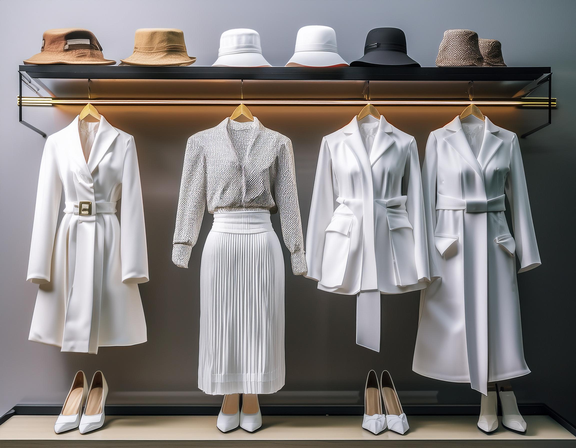 Schicke-weisse-Kleider-Schuhe-und-stylische-Hute-im-Modegeschaft-in-Dresden